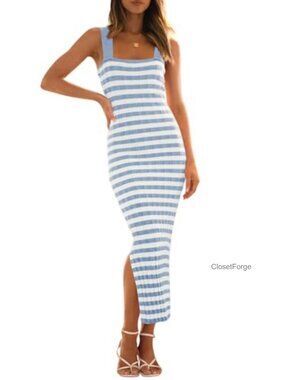 Striped Ribbed Knit Bodycon Midi Tank Dress Sleeveless Stretchy Maternity Baby